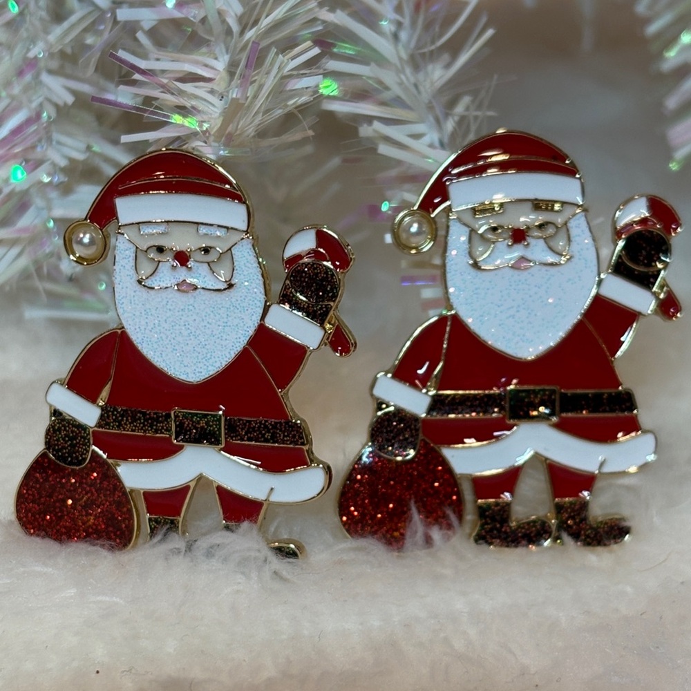 Holiday Santa Enamel Dangle Earrings Red Glitter Christmas Jewelry - Picture 3 of 3